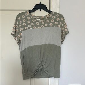 Belle Du Jour White and Green Short Sleeve Tie Front Tee